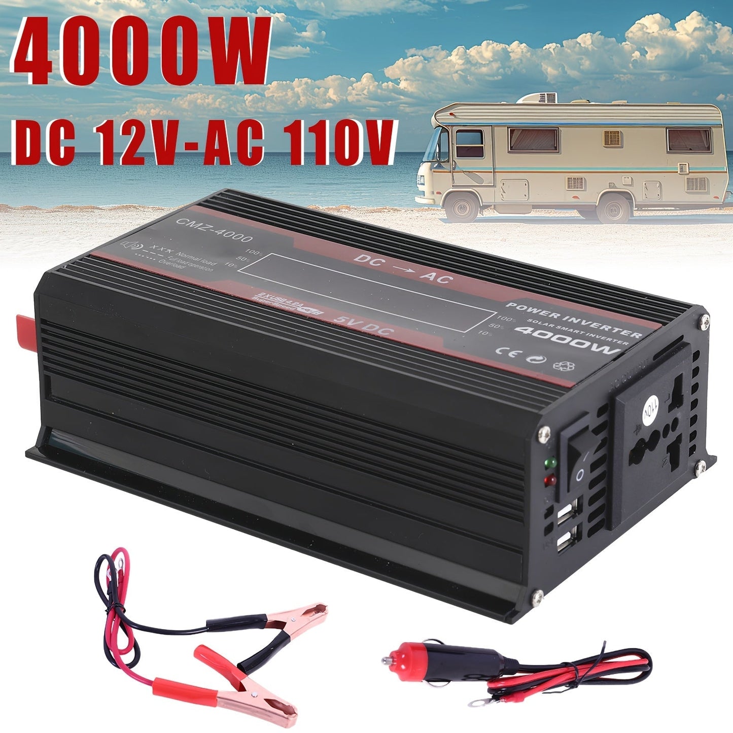 4000W Car Power Inverter DC 12V to AC 110V with LCD Display, Cooling Fan and Overload Protection - Portable 800W Rated Converter for Road Trips, Camping, Outdoors and Emergency Kits