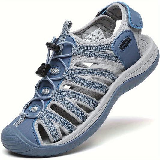 Women's Closed Toe Hiking Sandals, Lightweight Non-Slip Water Sandals with Adjustable Bungee Lace & Hook-Loop Strap, Breathable Athletic Sport Outdoor Shoes for Beach Camping Fishing Travel Walking