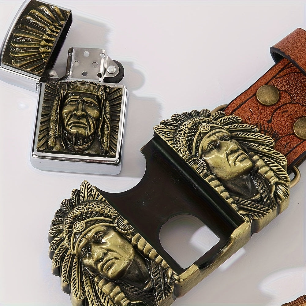Retro Western Cowboy Belt with Detachable Lighter – Embossed Printed Novelty Accessory Belt in Skull, Eagle, Cross & Native American Designs, Unique Gift for Men for Christmas, Thanksgiving & Valentine's Day