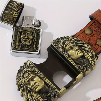 Retro Western Cowboy Belt with Detachable Lighter – Embossed Printed Novelty Accessory Belt in Skull, Eagle, Cross & Native American Designs, Unique Gift for Men for Christmas, Thanksgiving & Valentine's Day