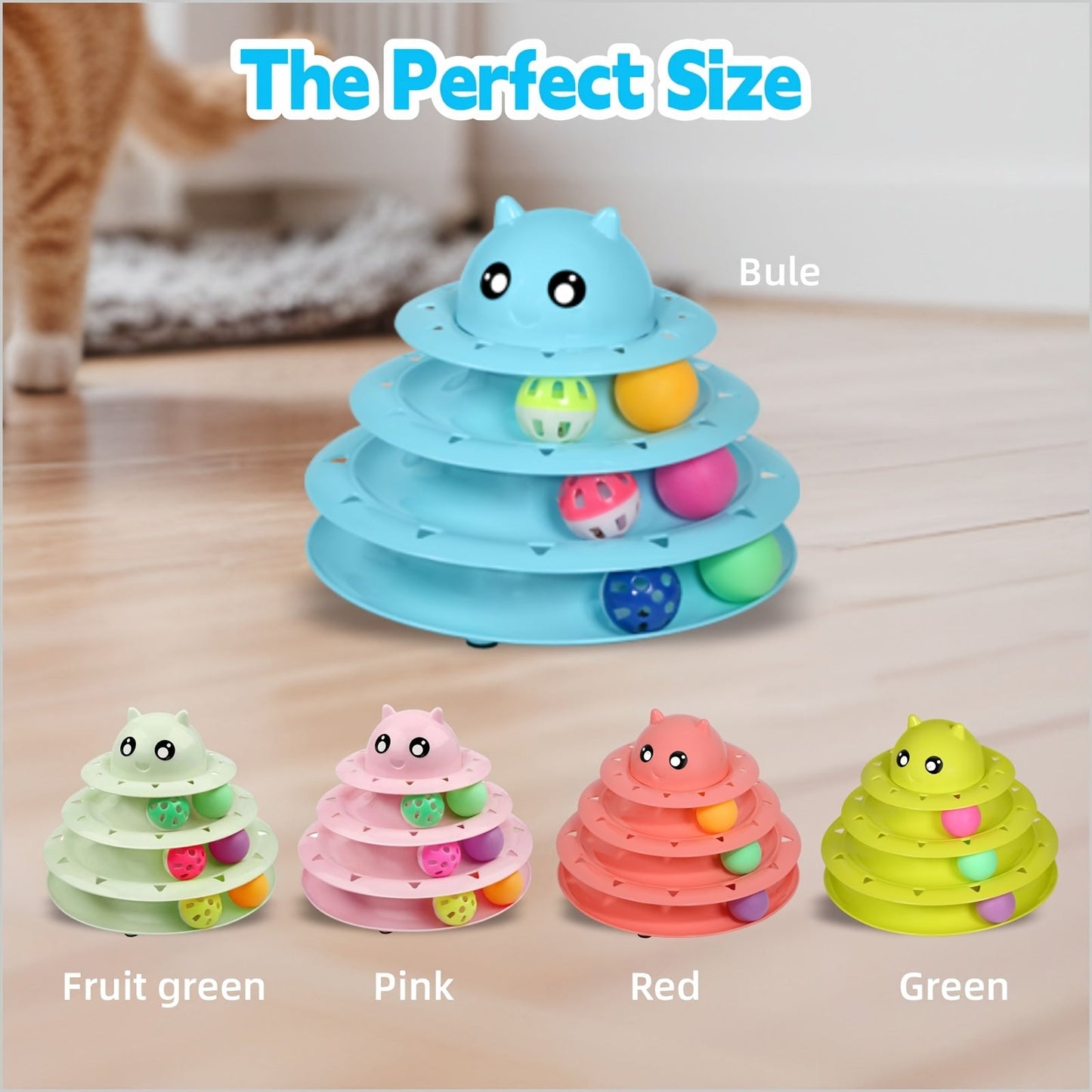3-Tier Turntable Cat Toy with 6 Colorful Balls – Interactive Mental & Physical Stimulation Toy for Kittens & Cats, Anti-Slip Base, No Battery Needed, Red Green Pink Blue