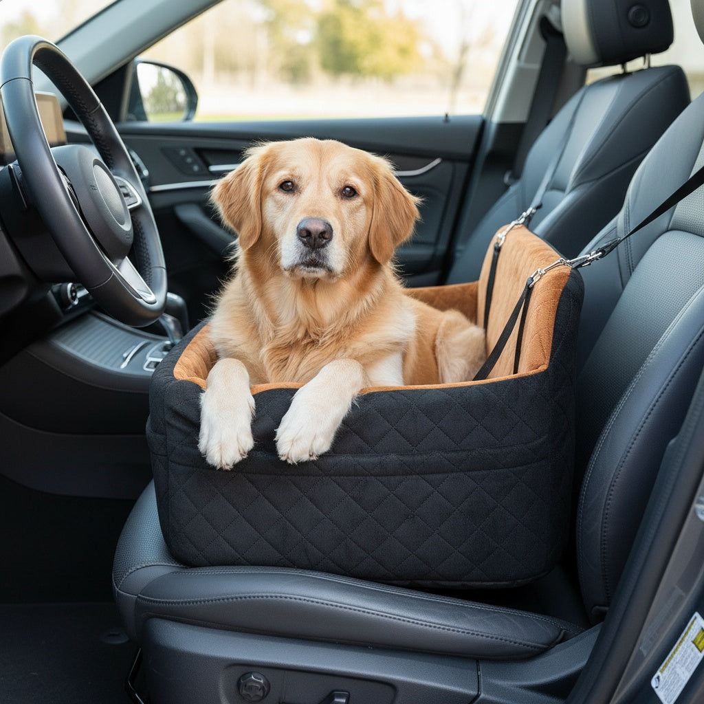 Dog Car Seat for Medium Large Dogs – Washable Memory Foam Pet Travel Car Bed with Seat Belt Pass-Through, Adjustable Straps & 3-Point Installation, Gray Black Brown All Black Black Gray