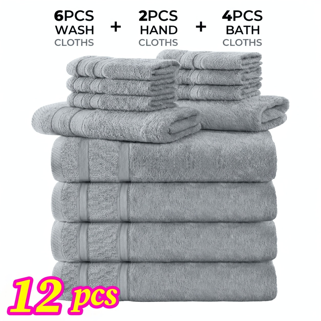 Cotton Bath Cloths Set 12 or 24 Piece – Hotel Quality Highly Absorbent Quick-Dry Washcloths for Bathroom Spa Gym Home Dark Gray Blue White Purple Orange