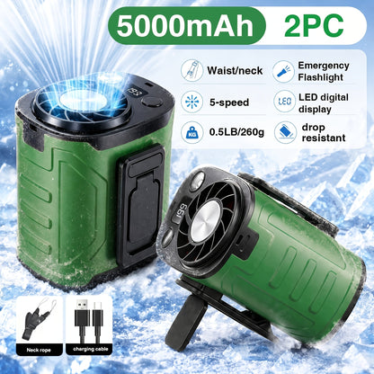 Portable Neck & Waist Fan 18000RPM Brushless Motor – 199-Speed Adjustment, 5000mAh Battery, LED Power Display, Hands-Free Wearable Cooling Fan for Outdoor Work, Camping, Fishing, Hiking & Travel