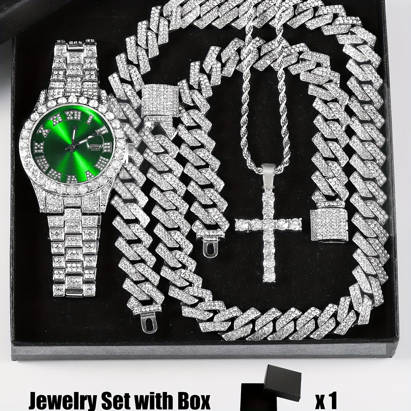 4pcs Rhinestone Watch & Cross Pendant Jewelry Set Quartz Analog Wrist Watch Necklace Bracelet Earrings Unisex Gift for Him Her Wedding