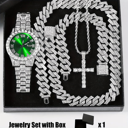 4pcs Rhinestone Watch & Cross Pendant Jewelry Set Quartz Analog Wrist Watch Necklace Bracelet Earrings Unisex Gift for Him Her Wedding