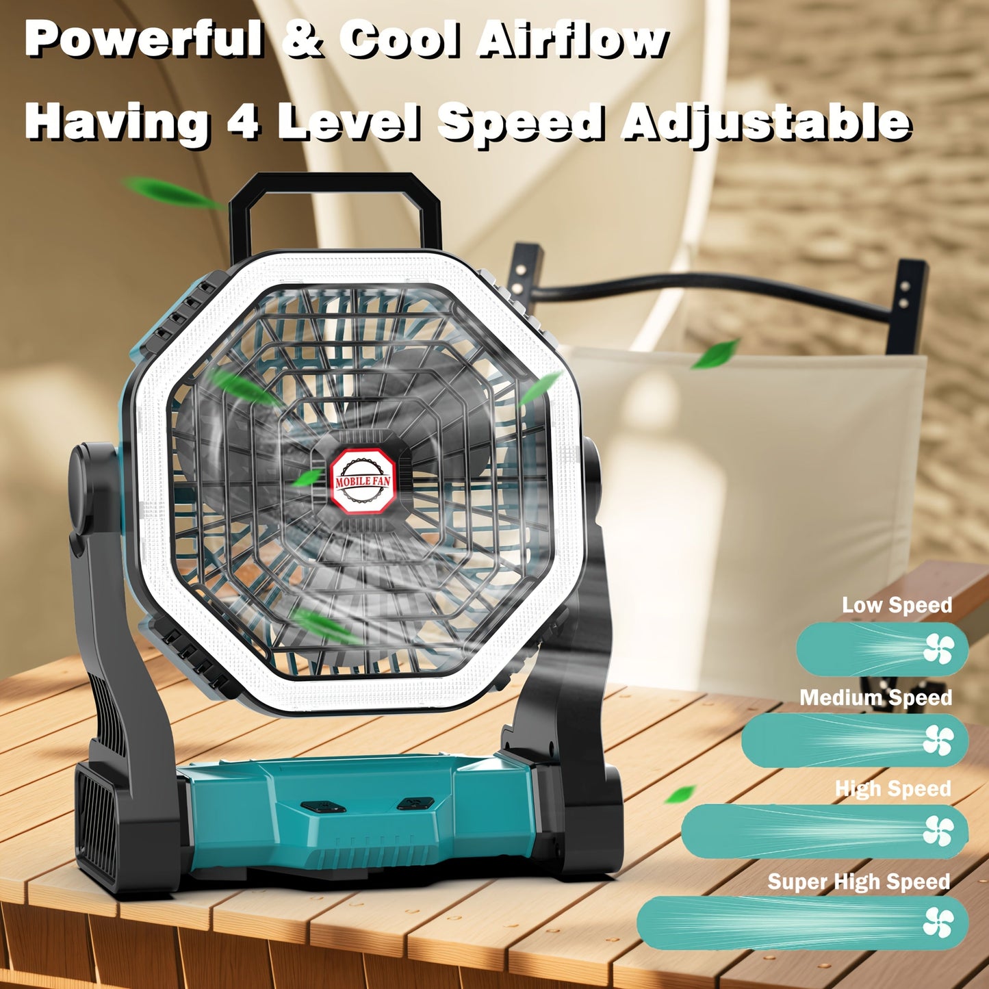 Rechargeable Portable Camping Fan with LED Light & Hanging Rope - 4-Speed USB Battery Powered Tent Fan for Outdoor Travel Indoor Home
