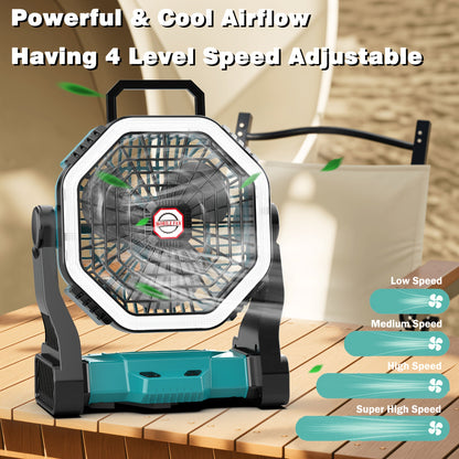 Rechargeable Portable Camping Fan with LED Light & Hanging Rope - 4-Speed USB Battery Powered Tent Fan for Outdoor Travel Indoor Home