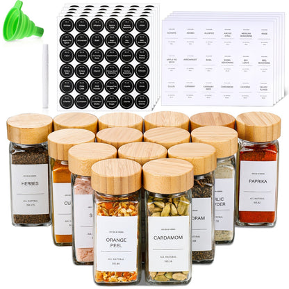 Glass Spice Jars with Bamboo Lids, Labels & Collapsible Funnels – 4oz Seasoning Storage Bottles for Spice Rack, Pantry, Cupboard & Drawer – 15, 24 or 36-Piece Set for Kitchen Organization