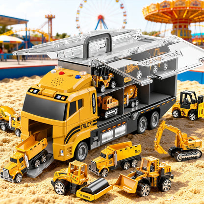 13-in-1 Construction Truck Toy Set with Die-Cast Cars, Play Mat & Transport Carrier – Kids Vehicle Playset for Ages 3+, Perfect Christmas & Birthday Gift
