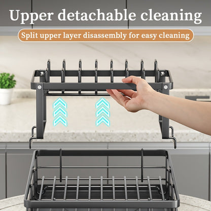 2-Tier Metal Dish Drying Rack with Cutlery Holder, Cup Holder & Rust-Proof Drip Tray – Space-Saving Countertop Dish Drainer for Kitchen Organization, Durable Steel Dish Rack for All Countertop Types