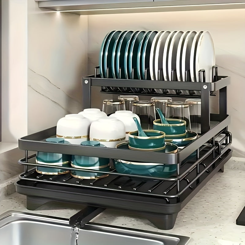 2-Tier Dish Drying Rack for Kitchen Counter with Drainboard Drain Mat Knife Fork Cup Holder Utensil Organizer Dish Drainer Kitchen Gadget Gift for Women Mother's Day