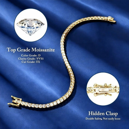 S925 Sterling Silver Moissanite Tennis Bracelet for Women – 4mm Bright Cut Gold Finish, Elegant French Style, Hypoallergenic, Sizes 6–9in, Perfect Wedding & Birthday Gift (7.71g)