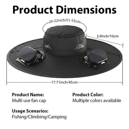 Solar Powered Fan Hat with USB Charging – Wide Brim Sun Protection Hat with Built-In Cooling Fan for Men, Lightweight Long Battery Life Outdoor Hat for Fishing, Hiking, Mountain Climbing & Daily Wear