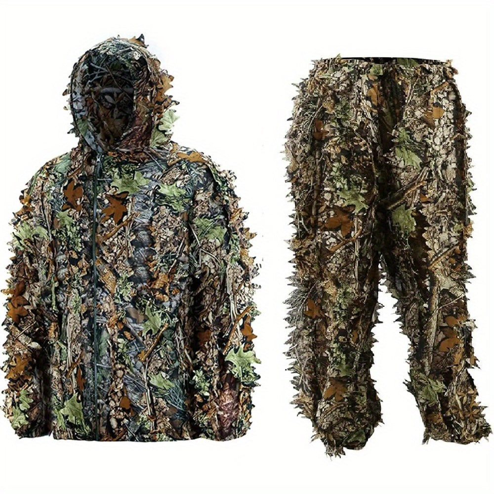 Men's Ghillie Suit 3D Camo – Lightweight Hooded Jacket & Pants Set, Breathable 3D Leaf Camouflage Hunting Clothes, 0.95 lb