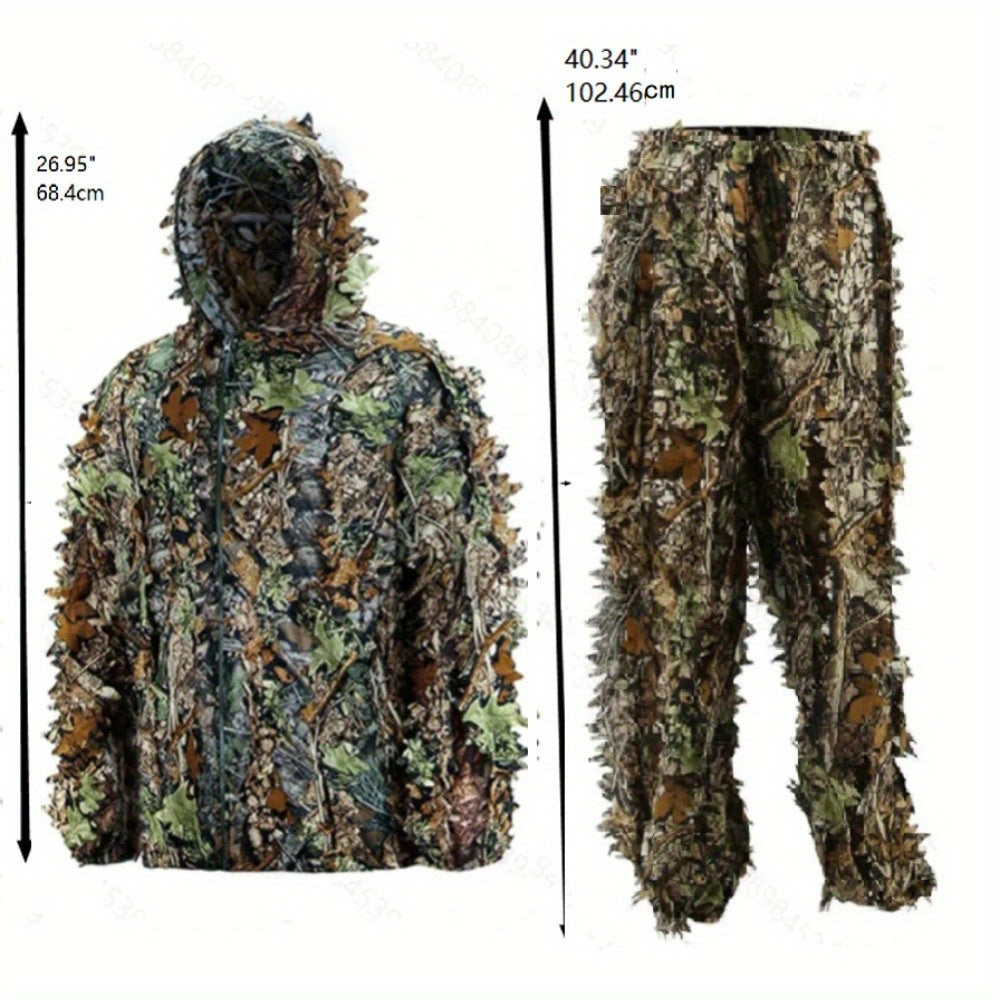 Men's Ghillie Suit 3D Camo – Lightweight Hooded Jacket & Pants Set, Breathable 3D Leaf Camouflage Hunting Clothes, 0.95 lb