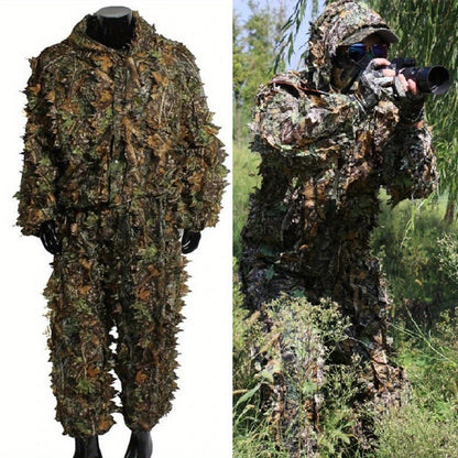 Men's Ghillie Suit 3D Camo – Lightweight Hooded Jacket & Pants Set, Breathable 3D Leaf Camouflage Hunting Clothes, 0.95 lb