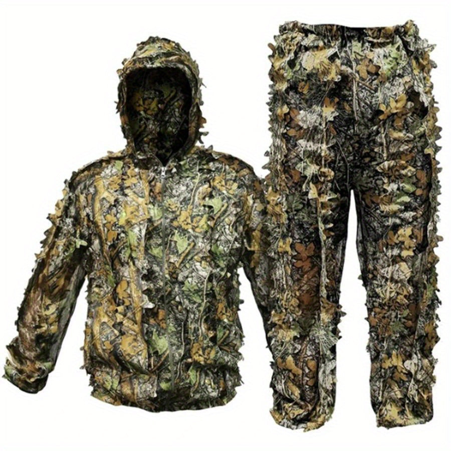 Men's Ghillie Suit 3D Camo – Lightweight Hooded Jacket & Pants Set, Breathable 3D Leaf Camouflage Hunting Clothes, 0.95 lb