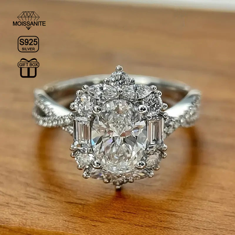 2 Carat Oval Moissanite Engagement Ring S925 Sterling Silver Bohemian Cross Goose Egg Design Hypoallergenic Elegant Wedding Anniversary Gift Ring for Women