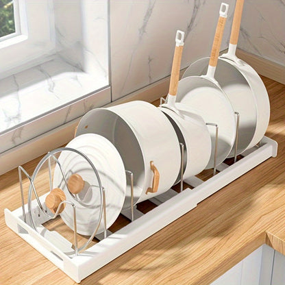 Adjustable Pot and Pan Organizer Rack for Kitchen Cabinet Expandable Pots Pans Lid Holder with Dividers Space Saving Storage White Gray