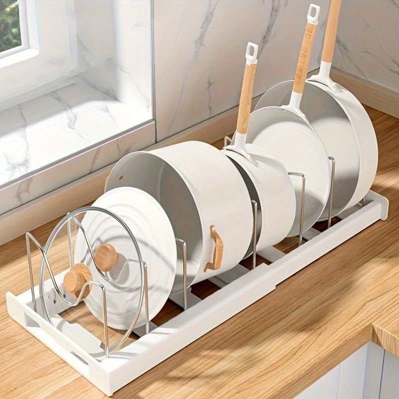 Adjustable Pot and Pan Organizer Rack for Kitchen Cabinet Expandable Pots Pans Lid Holder with Dividers Space Saving Storage White Gray
