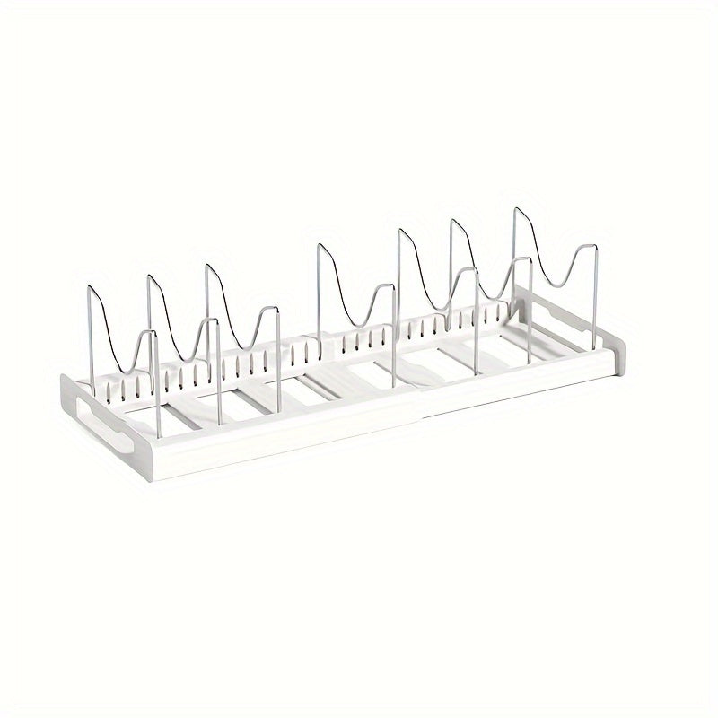 Adjustable Pot and Pan Organizer Rack for Kitchen Cabinet Expandable Pots Pans Lid Holder with Dividers Space Saving Storage White Gray