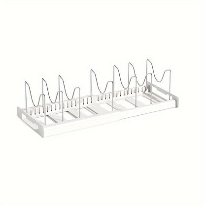 Adjustable Pot and Pan Organizer Rack for Kitchen Cabinet Expandable Pots Pans Lid Holder with Dividers Space Saving Storage White Gray