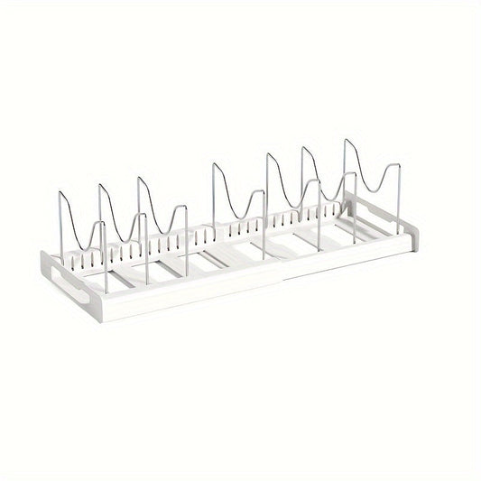 Adjustable Pot and Pan Organizer Rack for Kitchen Cabinet Expandable Pots Pans Lid Holder with Dividers Space Saving Storage White Gray