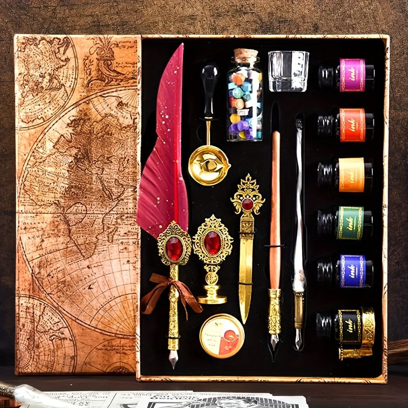 Vintage Quill Feather Dip Pen Set – Calligraphy Glass Pen, Letter Opener & Seal Wax Kit, Luxury Writing Gift for Halloween, Birthday, Holiday, Back to School & Stationery Lovers