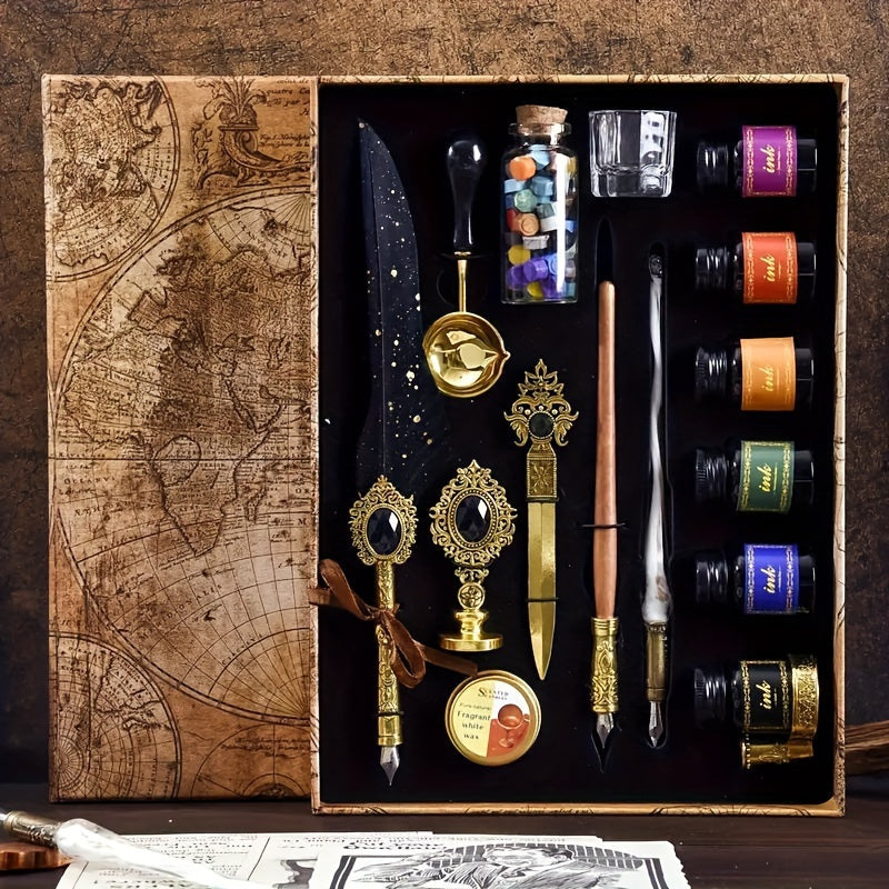 Vintage Quill Feather Dip Pen Set – Calligraphy Glass Pen, Letter Opener & Seal Wax Kit, Luxury Writing Gift for Halloween, Birthday, Holiday, Back to School & Stationery Lovers