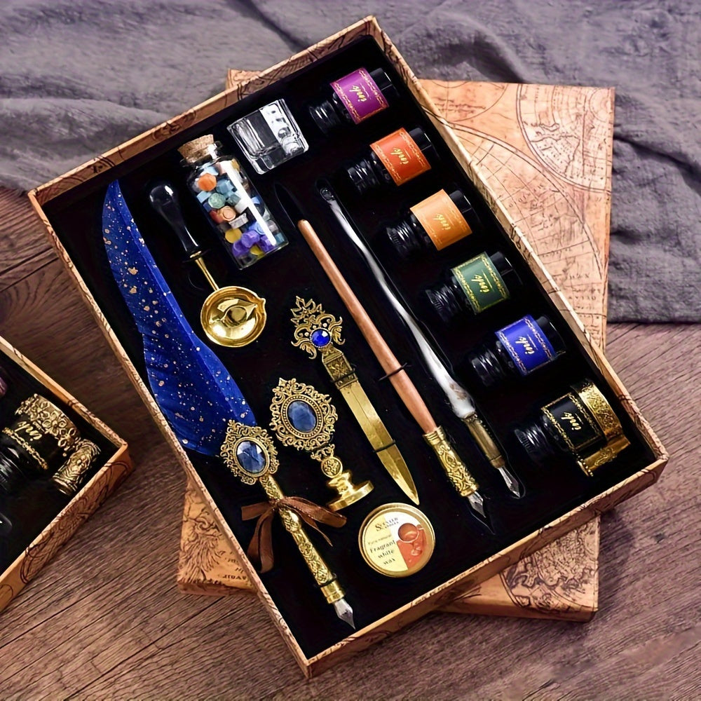 Vintage Quill Feather Dip Pen Set – Calligraphy Glass Pen, Letter Opener & Seal Wax Kit, Luxury Writing Gift for Halloween, Birthday, Holiday, Back to School & Stationery Lovers