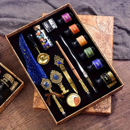 Vintage Quill Feather Dip Pen Set – Calligraphy Glass Pen, Letter Opener & Seal Wax Kit, Luxury Writing Gift for Halloween, Birthday, Holiday, Back to School & Stationery Lovers
