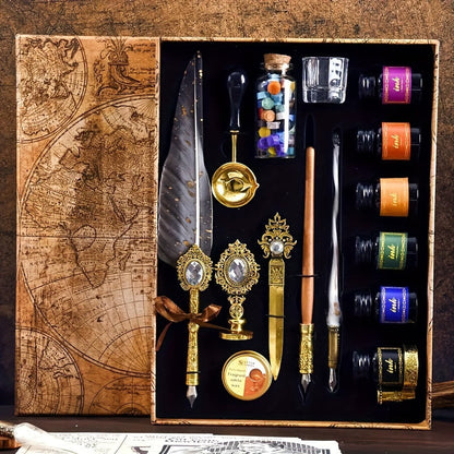 Vintage Quill Feather Dip Pen Set – Calligraphy Glass Pen, Letter Opener & Seal Wax Kit, Luxury Writing Gift for Halloween, Birthday, Holiday, Back to School & Stationery Lovers