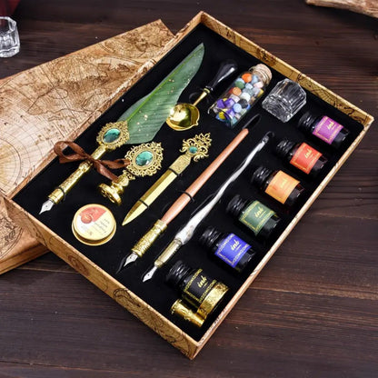 Vintage Quill Feather Dip Pen Set – Calligraphy Glass Pen, Letter Opener & Seal Wax Kit, Luxury Writing Gift for Halloween, Birthday, Holiday, Back to School & Stationery Lovers