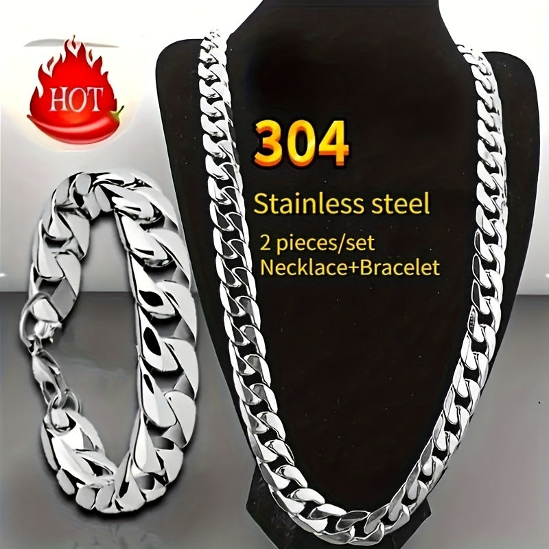 Men's Stainless Steel Hip-Hop Punk Necklace & Bracelet Set 2pcs – Matching Couple Chain Jewelry, Streetwear Accessories, Available in 18–30 Inch, Bold Fashion Statement for Men & Women