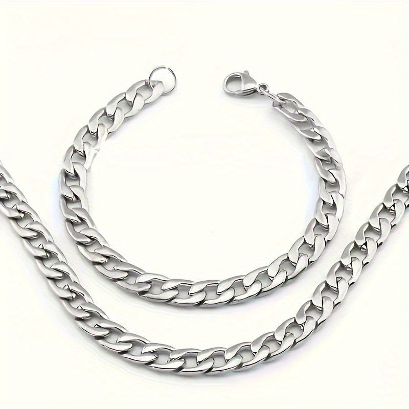 Men's Stainless Steel Hip-Hop Punk Necklace & Bracelet Set 2pcs – Matching Couple Chain Jewelry, Streetwear Accessories, Available in 18–30 Inch, Bold Fashion Statement for Men & Women
