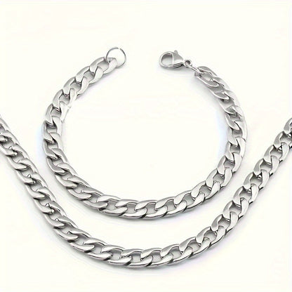 Men's Stainless Steel Hip-Hop Punk Necklace & Bracelet Set 2pcs – Matching Couple Chain Jewelry, Streetwear Accessories, Available in 18–30 Inch, Bold Fashion Statement for Men & Women