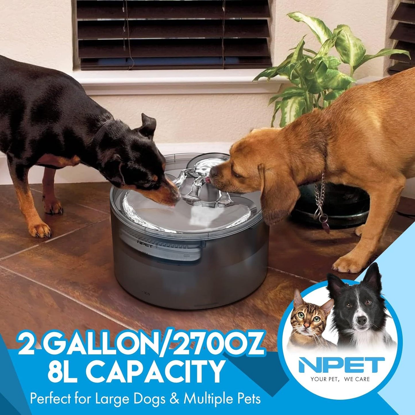 Large Dog Water Fountain 5L & 8L with Triple Filtration System, Automatic Pet Water Dispenser with Splatter Guard & Cleaning Kit for Large Dogs and Multiple Pets – Quiet Pump, No Battery Needed