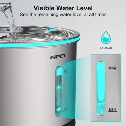 NPET WF210 Stainless Steel Cat Water Fountain 50oz – Ultra Quiet Automatic Pet Water Dispenser with LED Light, Visible Water Window & Dishwasher Safe 304 Steel, Optional Filter Bundles for Cats Dogs