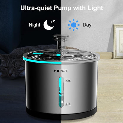 NPET WF210 Stainless Steel Cat Water Fountain 50oz – Ultra Quiet Automatic Pet Water Dispenser with LED Light, Visible Water Window & Dishwasher Safe 304 Steel, Optional Filter Bundles for Cats Dogs