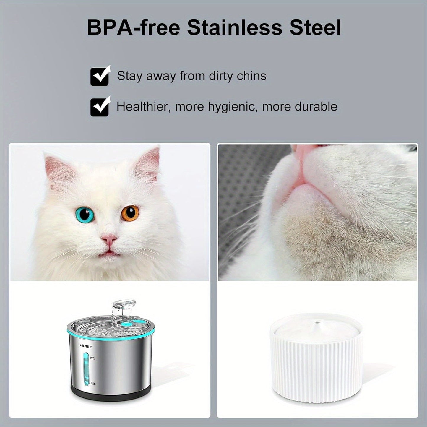 NPET WF210 Stainless Steel Cat Water Fountain 50oz – Ultra Quiet Automatic Pet Water Dispenser with LED Light, Visible Water Window & Dishwasher Safe 304 Steel, Optional Filter Bundles for Cats Dogs
