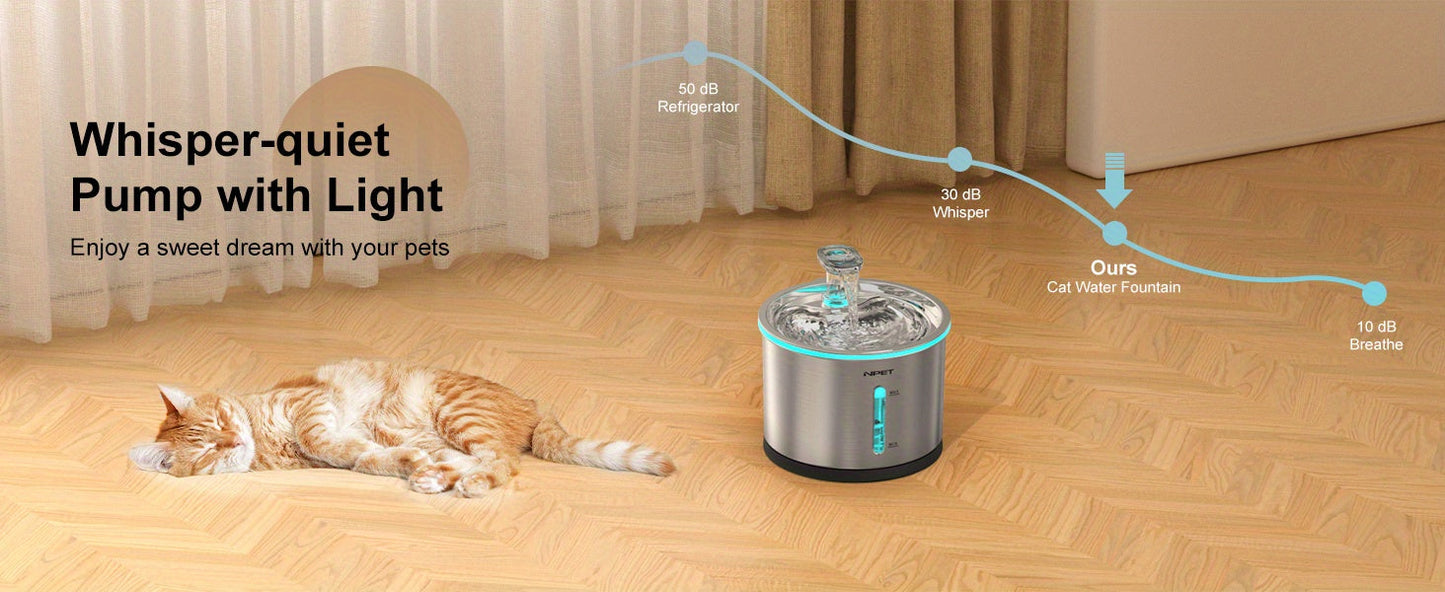 NPET WF210 Stainless Steel Cat Water Fountain 50oz – Ultra Quiet Automatic Pet Water Dispenser with LED Light, Visible Water Window & Dishwasher Safe 304 Steel, Optional Filter Bundles for Cats Dogs