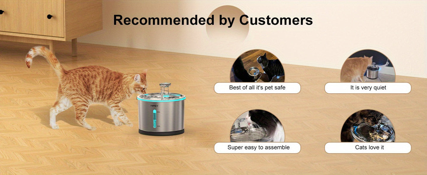 NPET WF210 Stainless Steel Cat Water Fountain 50oz – Ultra Quiet Automatic Pet Water Dispenser with LED Light, Visible Water Window & Dishwasher Safe 304 Steel, Optional Filter Bundles for Cats Dogs