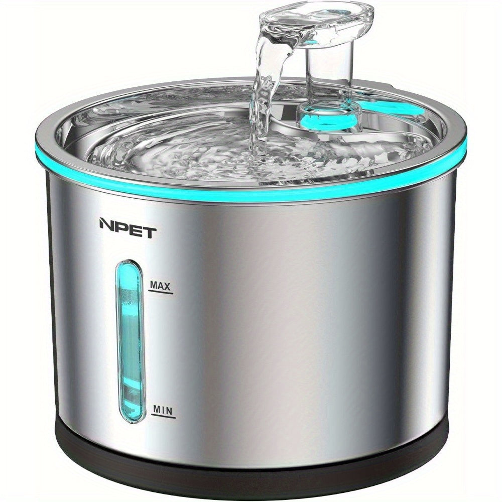 NPET WF210 Stainless Steel Cat Water Fountain 50oz – Ultra Quiet Automatic Pet Water Dispenser with LED Light, Visible Water Window & Dishwasher Safe 304 Steel, Optional Filter Bundles for Cats Dogs