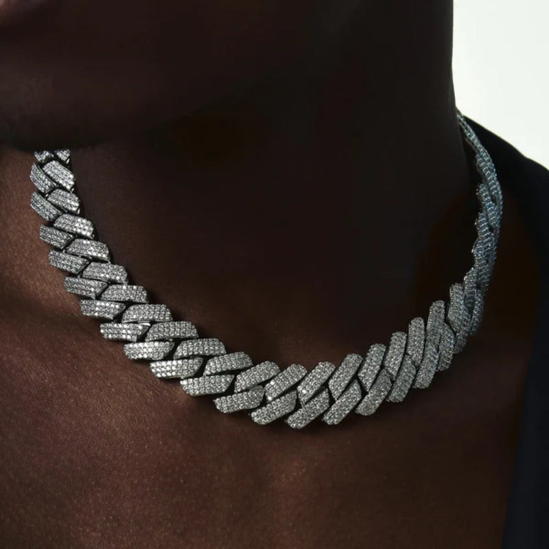 Men's Cuban Link Chain Necklace Hip Hop Style with Synthetic Gem Inlay – Silver & Gold Tone, 45cm / 50cm, Gift Box Included, Bold Statement Jewelry for Any Occasion
