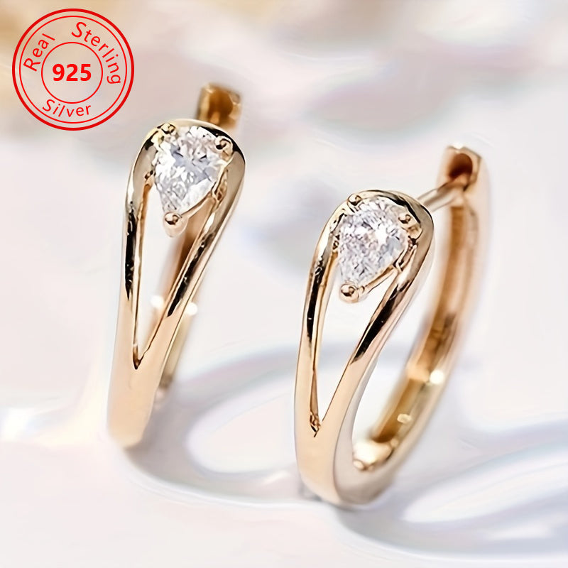 S925 Sterling Silver 18K Gold Plated Geometric Sparkling Zirconia Earrings for Women – Handcrafted Dazzling CZ Stud Drop Earrings, Timeless Elegant Daily Accessory & Perfect Gift