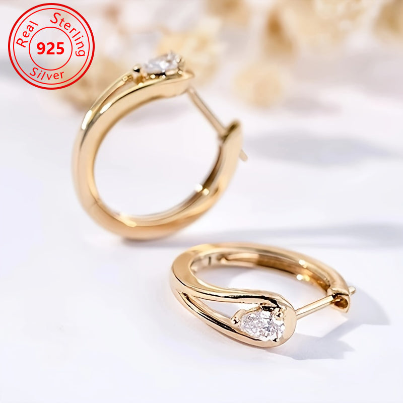 S925 Sterling Silver 18K Gold Plated Geometric Sparkling Zirconia Earrings for Women – Handcrafted Dazzling CZ Stud Drop Earrings, Timeless Elegant Daily Accessory & Perfect Gift
