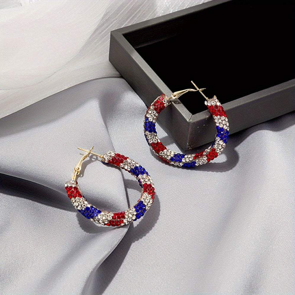 4th of July Patriotic Jewelry Set for Women 4 Piece – American Flag Earrings Bracelet Necklace Independence Day Gift Set with CZ Inlay
