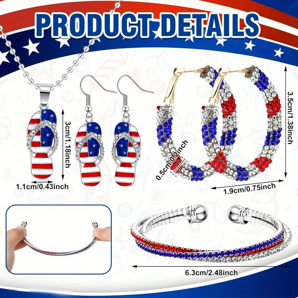 4th of July Patriotic Jewelry Set for Women 4 Piece – American Flag Earrings Bracelet Necklace Independence Day Gift Set with CZ Inlay