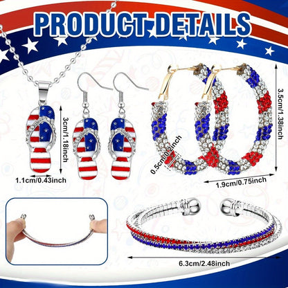 4th of July Patriotic Jewelry Set for Women 4 Piece – American Flag Earrings Bracelet Necklace Independence Day Gift Set with CZ Inlay